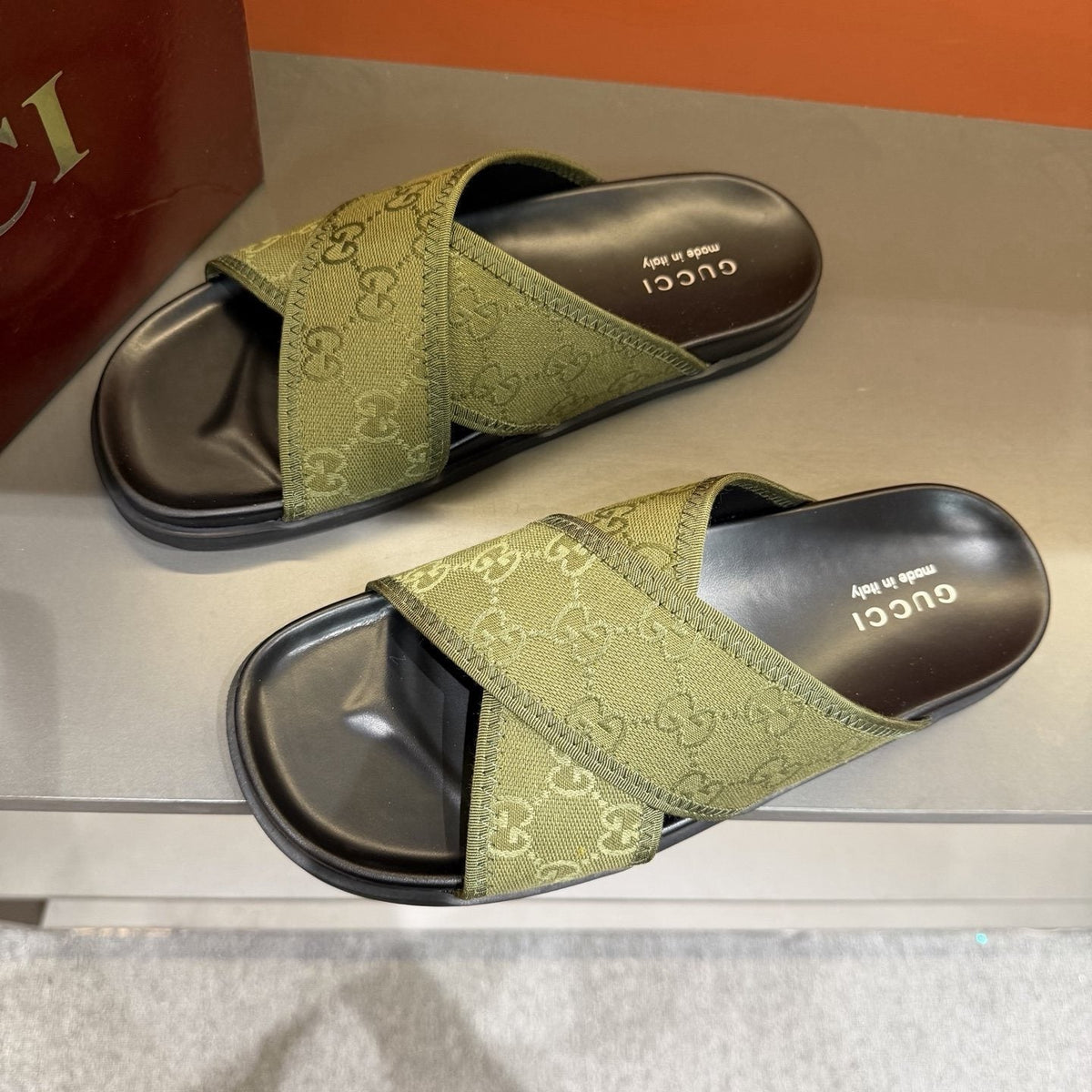 Gucci Patterned Cross-Strap Slide Sandals — front