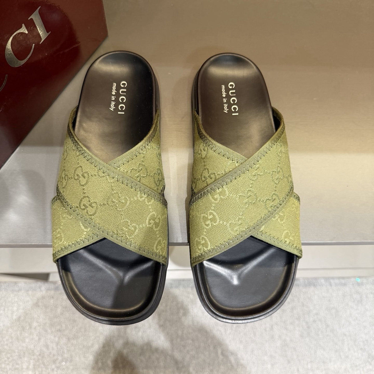 Gucci Patterned Cross-Strap Slide Sandals — front