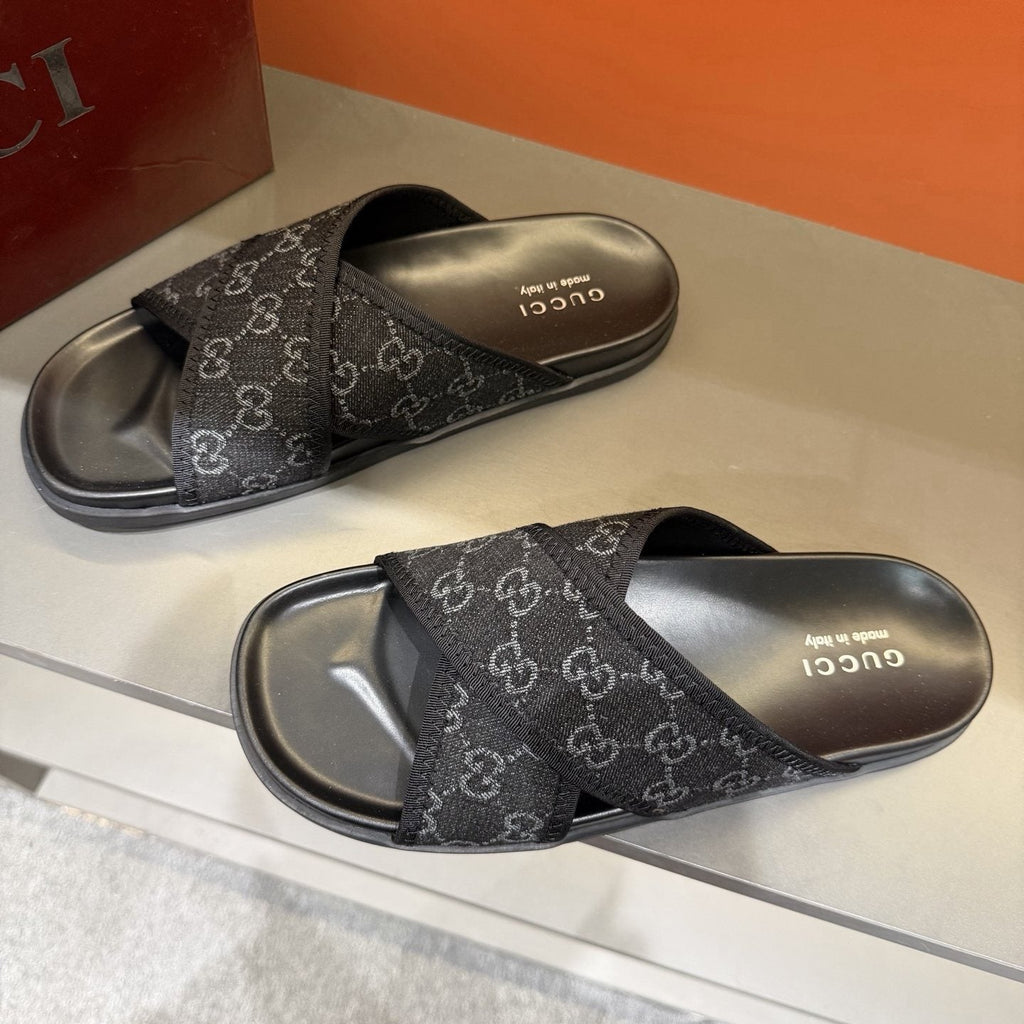 Gucci Patterned Cross-Strap Slide Sandals — front