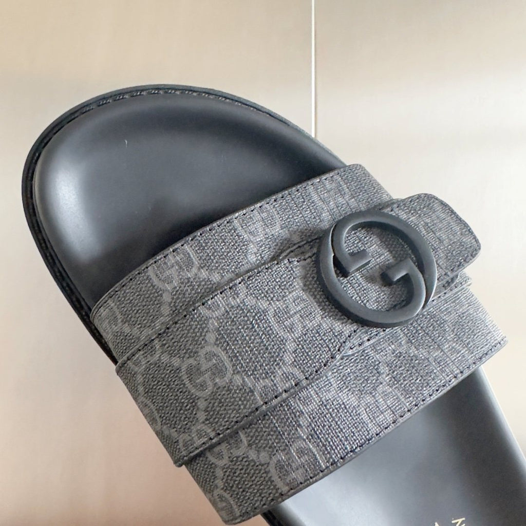 Gucci Gray Monogram Slide Sandals — detail