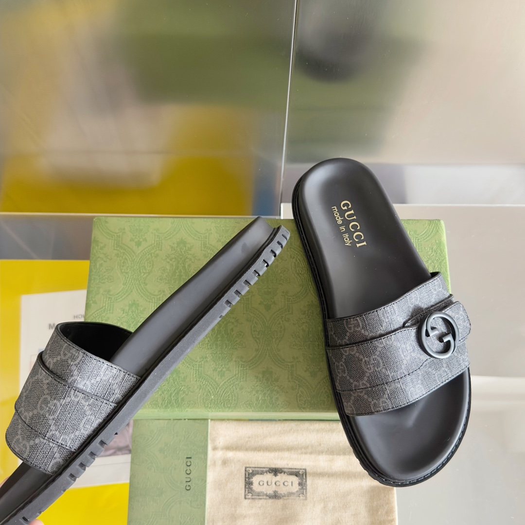 Gucci Gray Monogram Slide Sandals — side