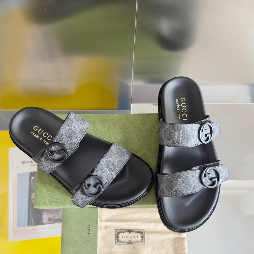 Gucci Gray Monogram Slide Sandals — front
