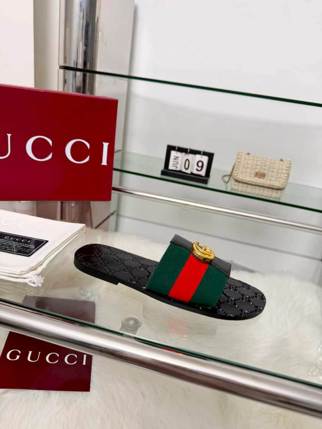 Gucci Black Striped Strap Slide Sandals — side