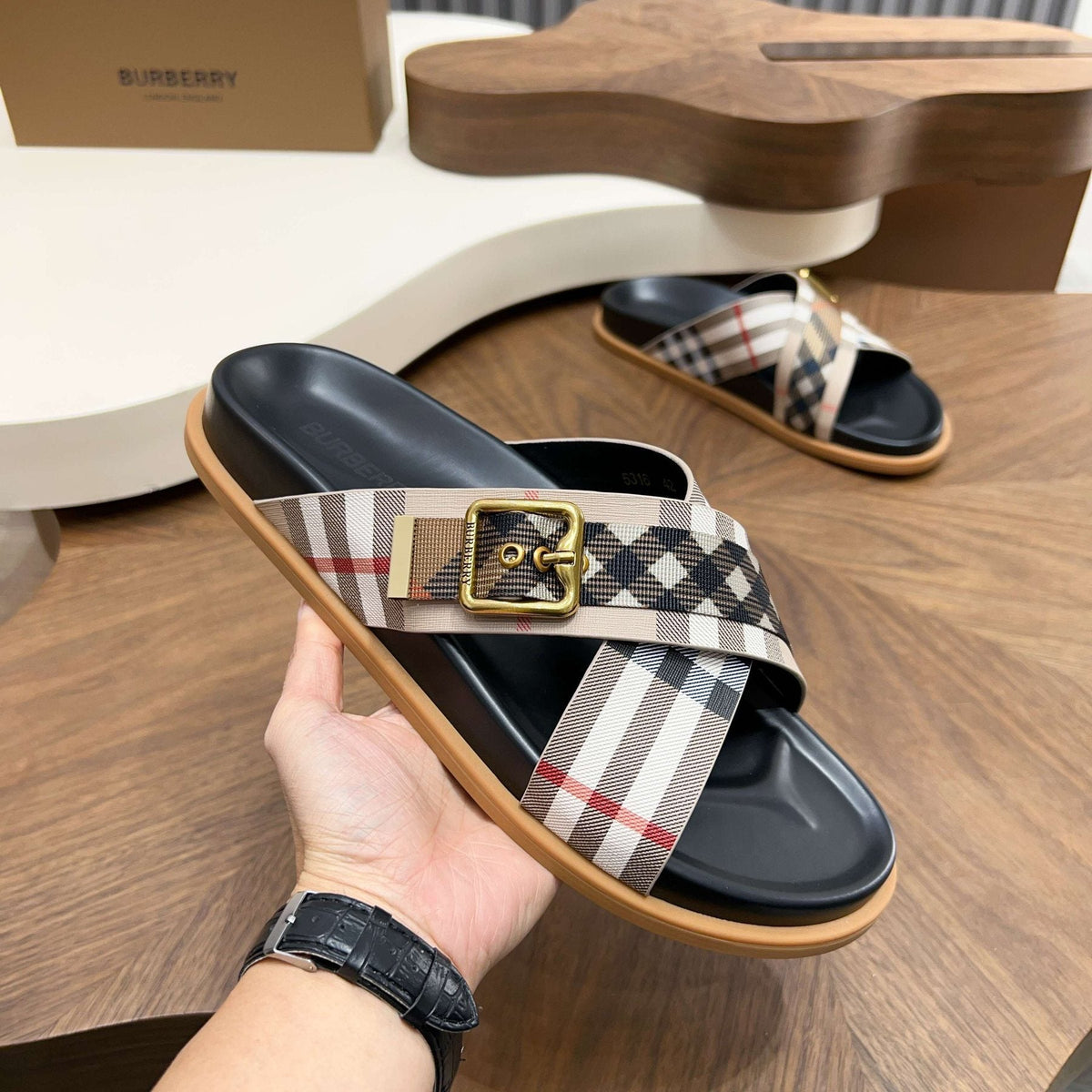 Burberry Check Buckle Slide Sandals — model