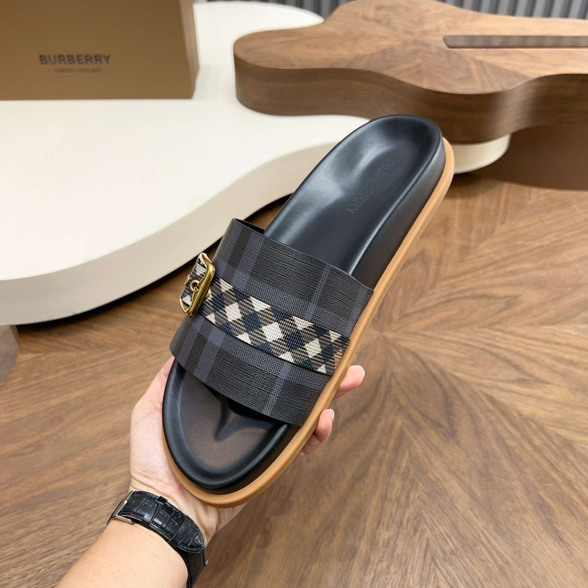 Burberry Check Buckle Slide Sandals — model