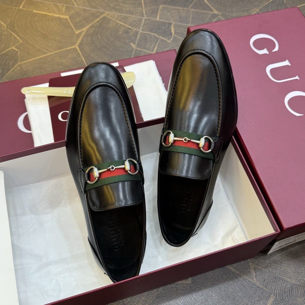 Gucci Black Web Horsebit Loafers — front