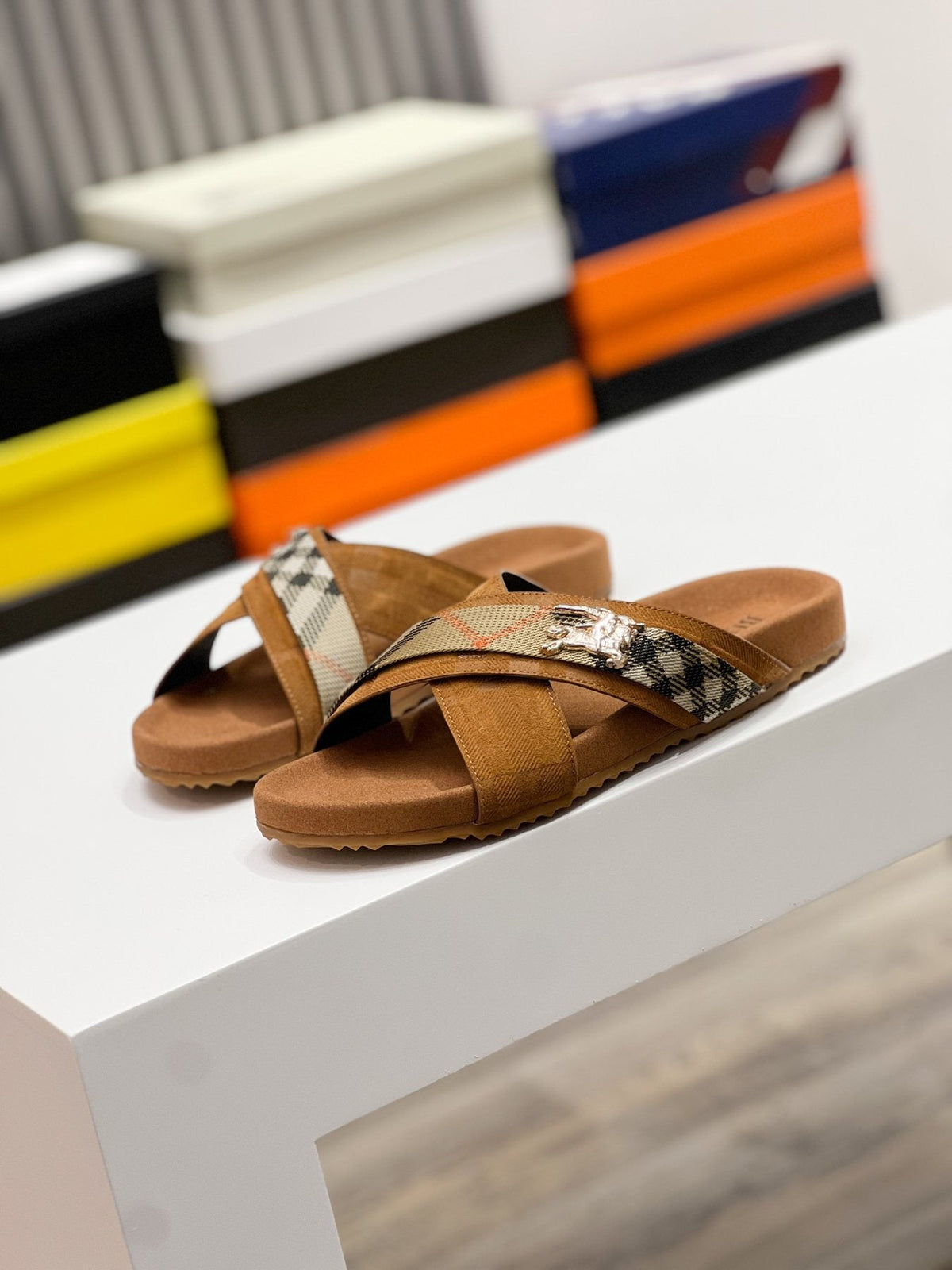 Burberry Check Cross-Strap Slide Sandals — front