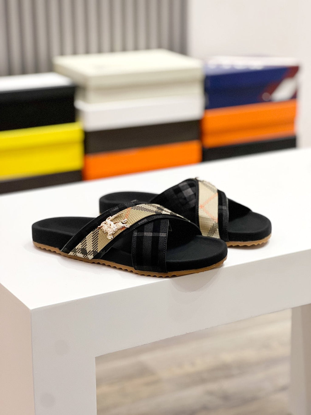 Burberry Check Cross-Strap Slide Sandals — front