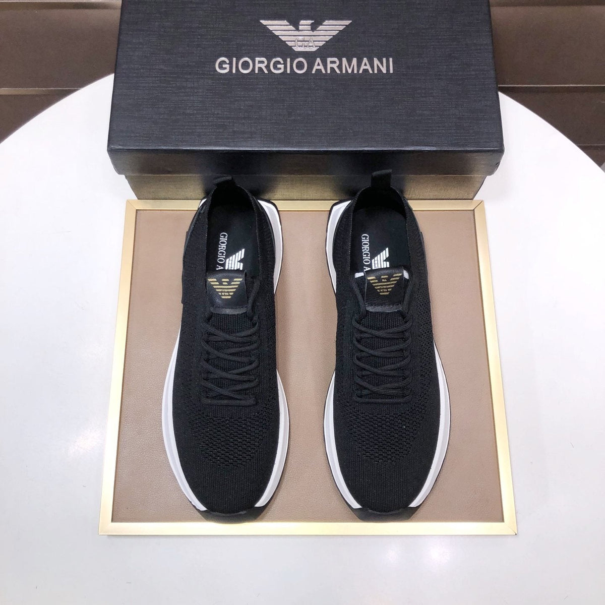 Giorgio Armani Knit Lace-Up Sneakers — front