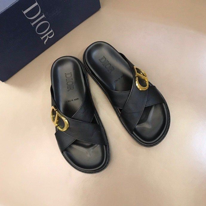 Dior Black Gold-Hardware Slide Sandals — front