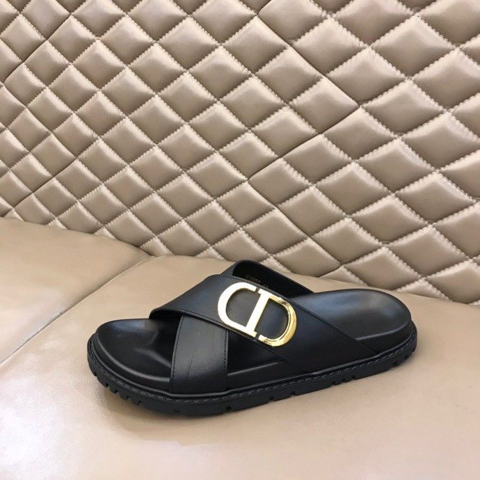 Dior Black Gold-Hardware Slide Sandals — side