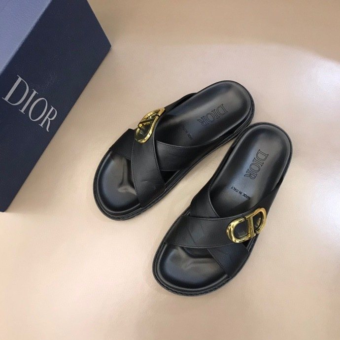 Dior Black Gold-Hardware Slide Sandals — front
