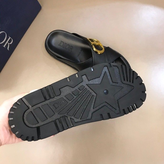 Dior Black Gold-Hardware Slide Sandals — detail