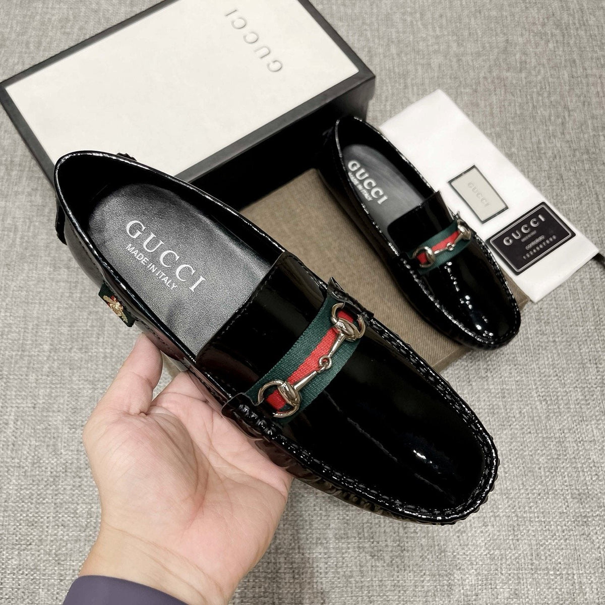 Gucci Black Web Stripe Loafers — model