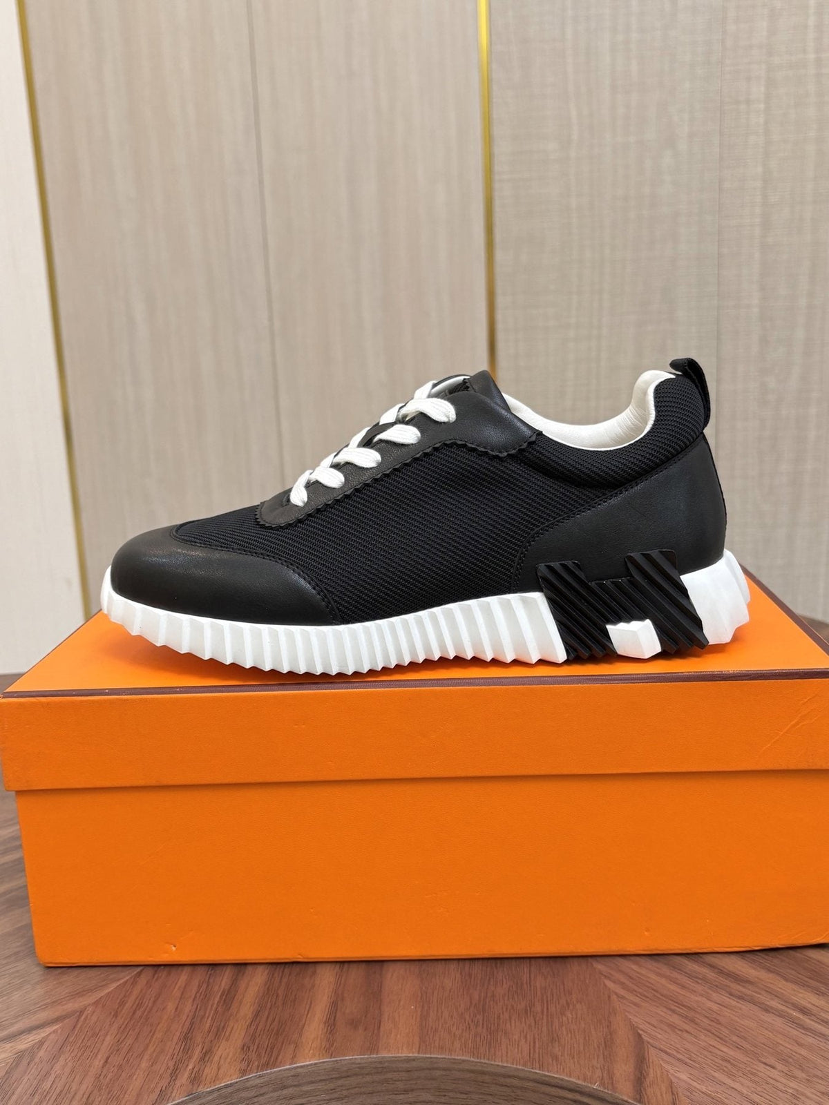 Hermes Black Ribbed Sole Sneakers — side