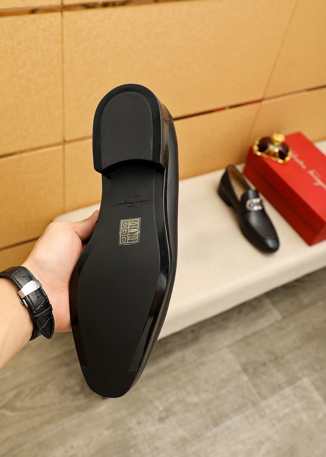 Ferragamo Black Hardware Loafers — detail