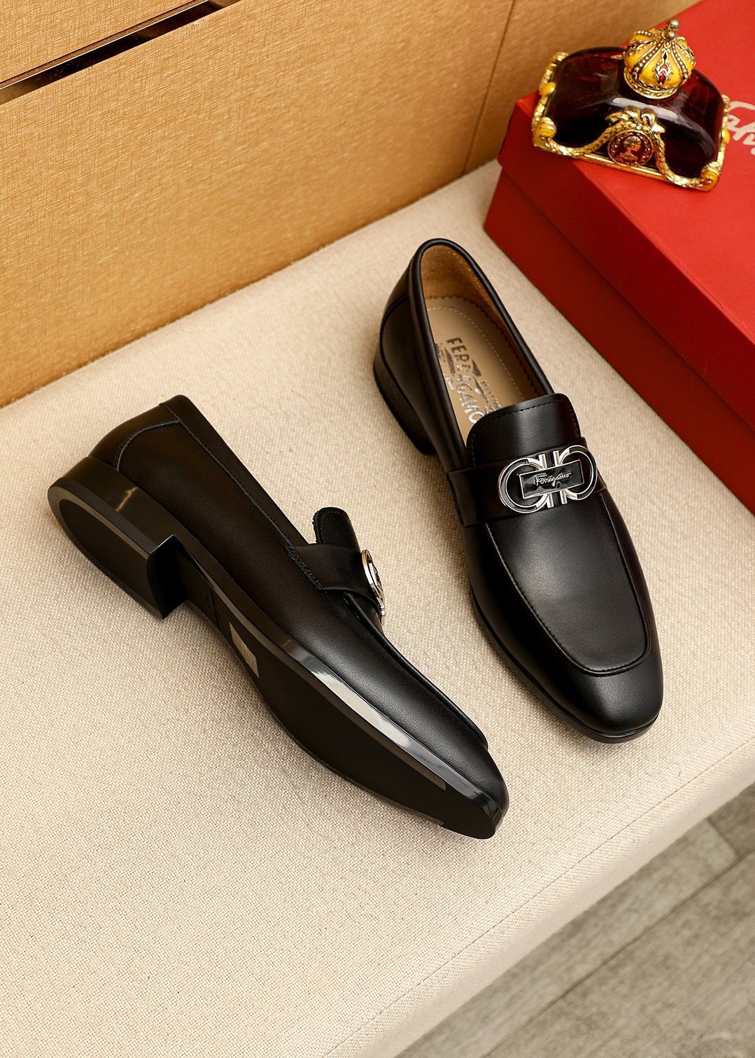 Ferragamo Black Hardware Loafers — side