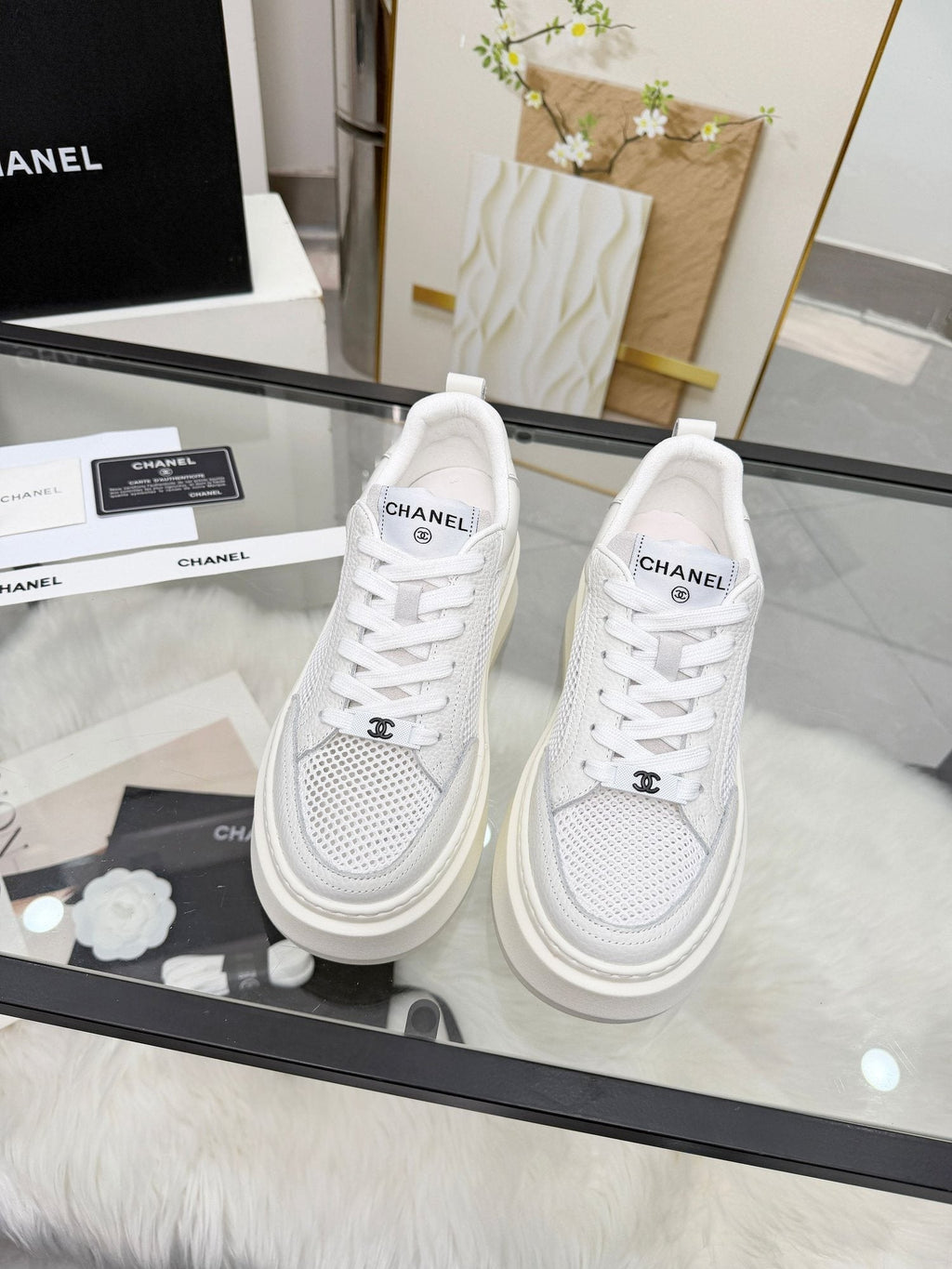 CHANEL White Platform Low-Top Sneakers — hero