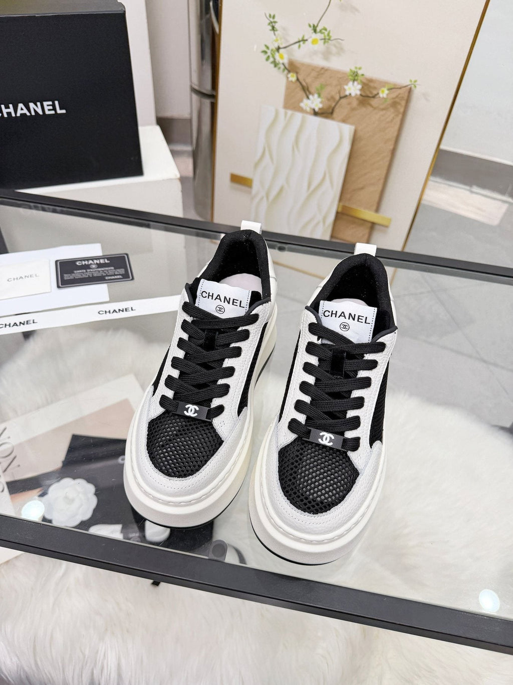 CHANEL White Platform Low-Top Sneakers — front