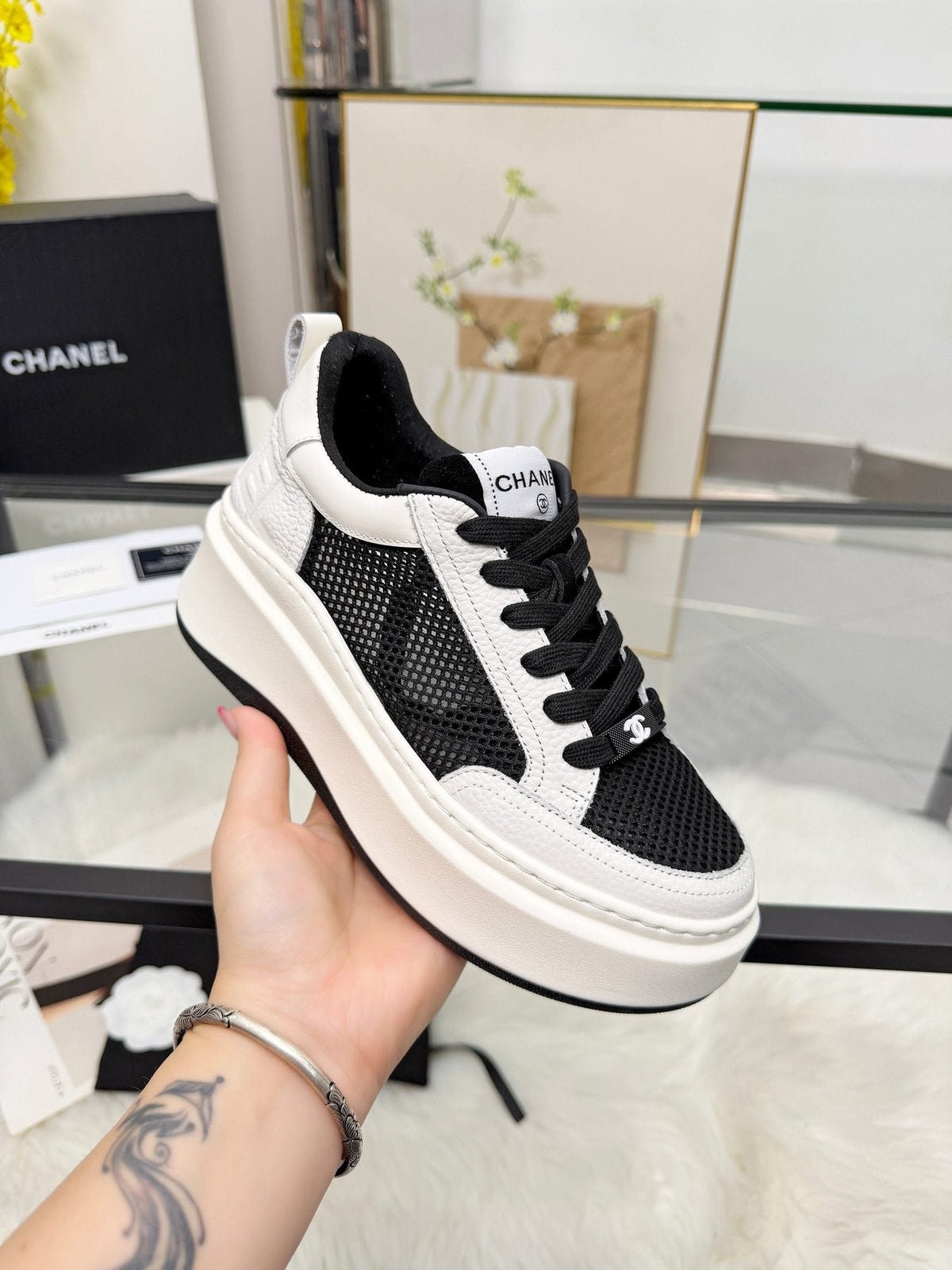 CHANEL White Platform Low-Top Sneakers — side