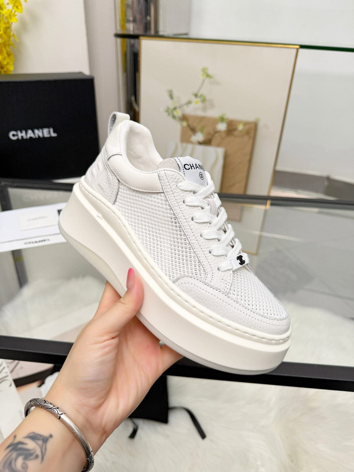 CHANEL White Platform Low-Top Sneakers — model