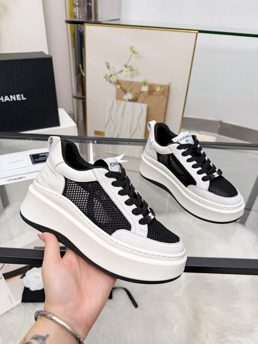 CHANEL White Platform Low-Top Sneakers — front