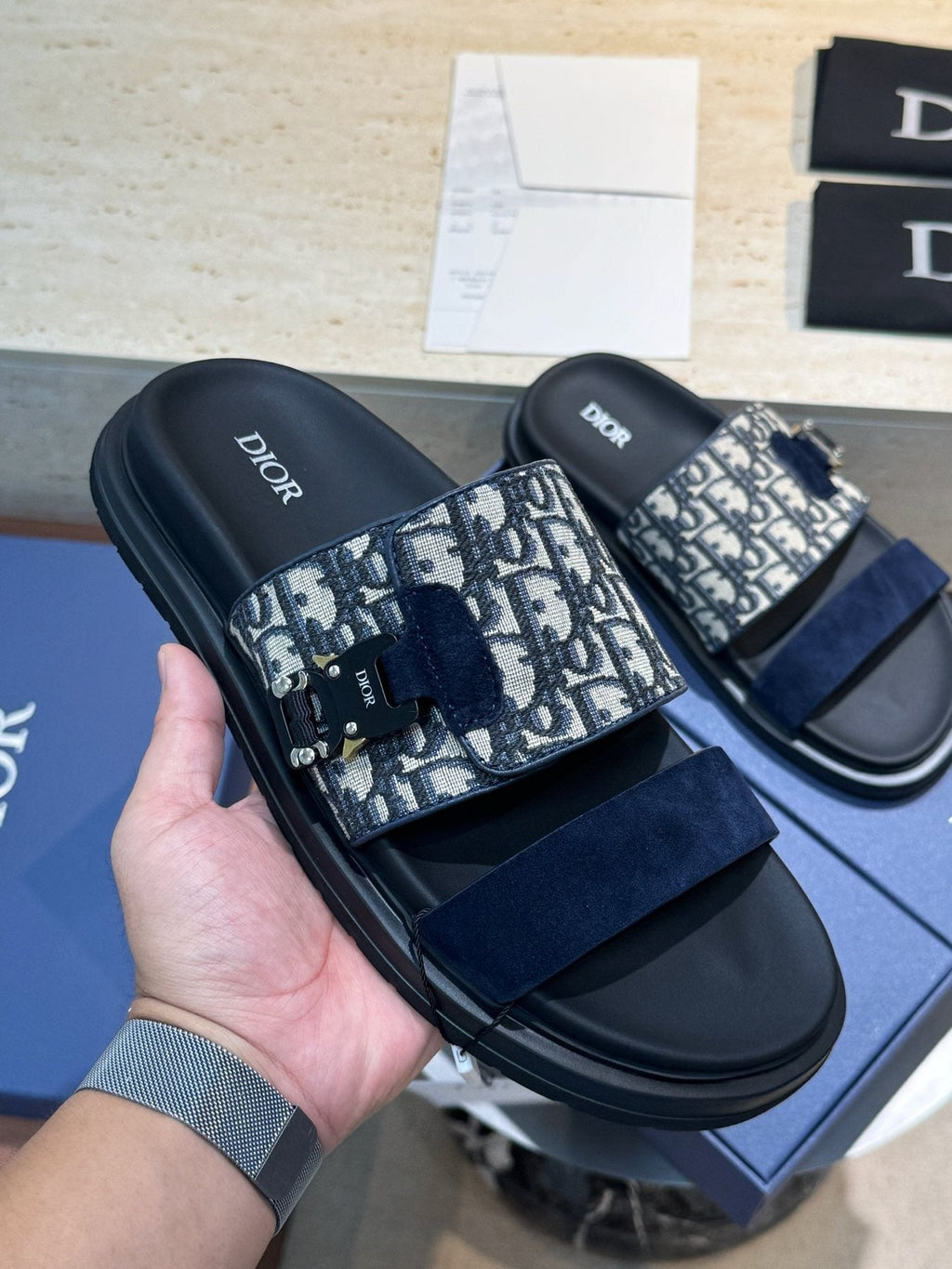 Dior Aqua Monogram Slide Sandals — model