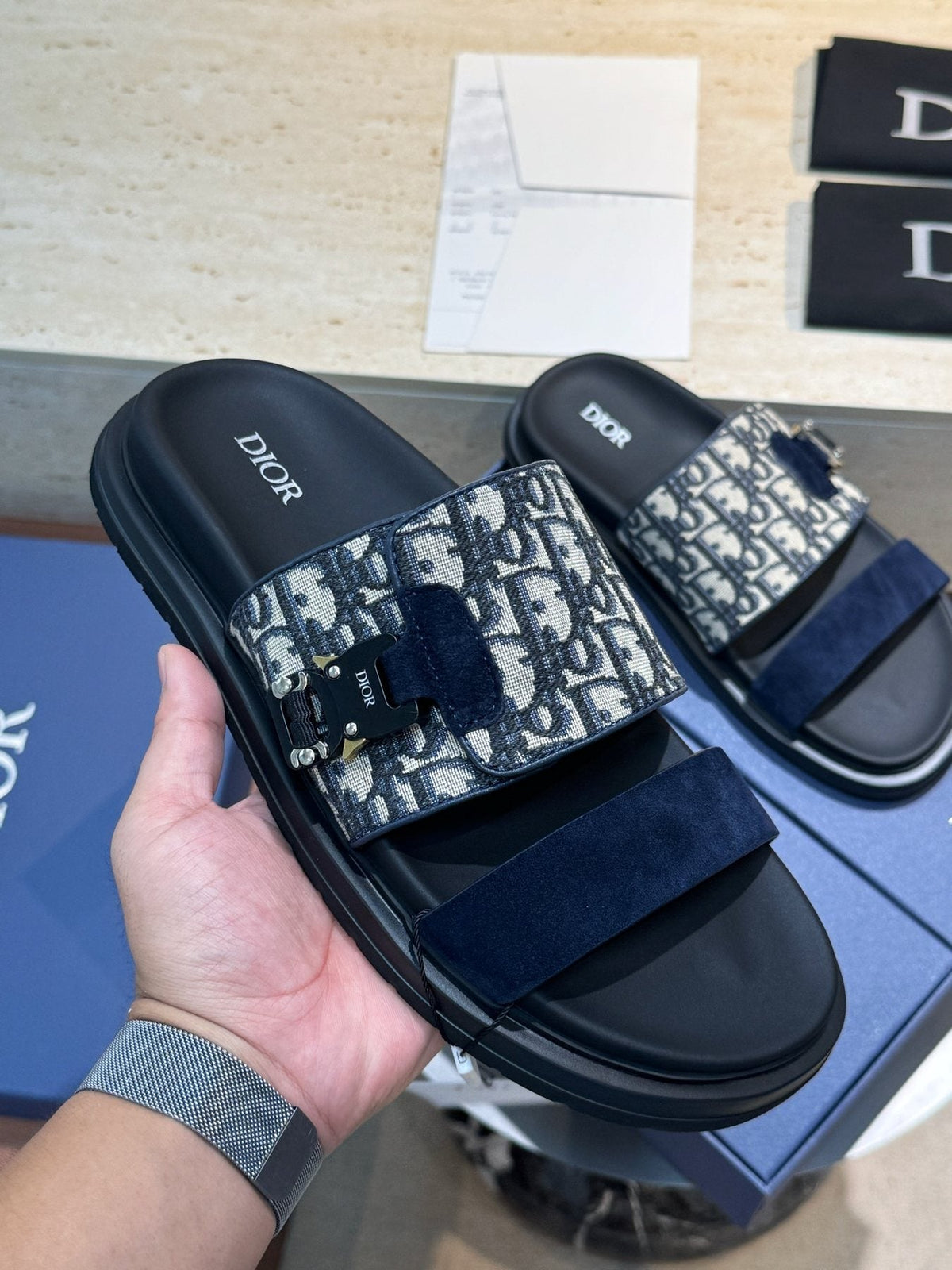 Dior Aqua Monogram Slide Sandals — model