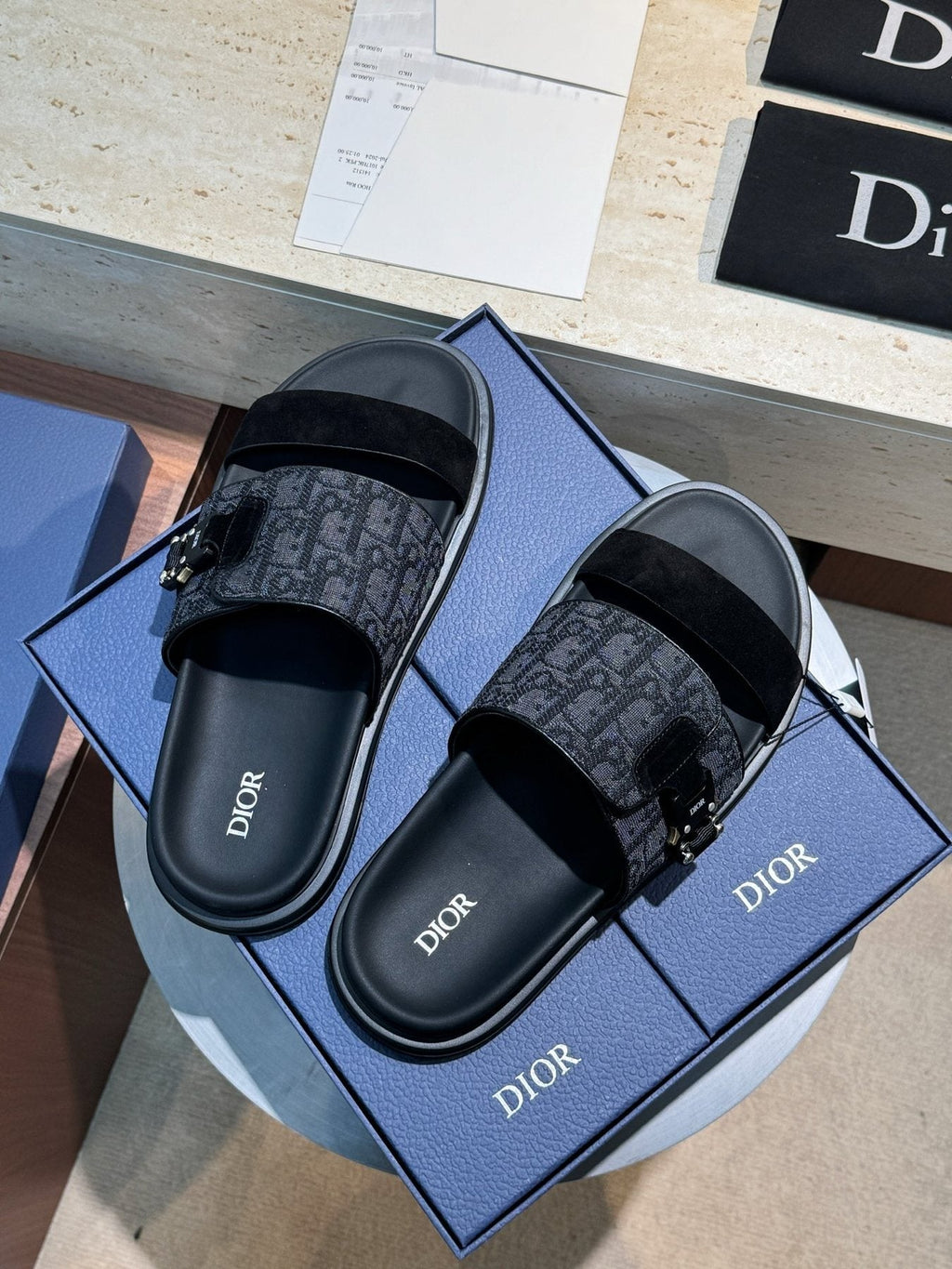 Dior Aqua Monogram Slide Sandals — side