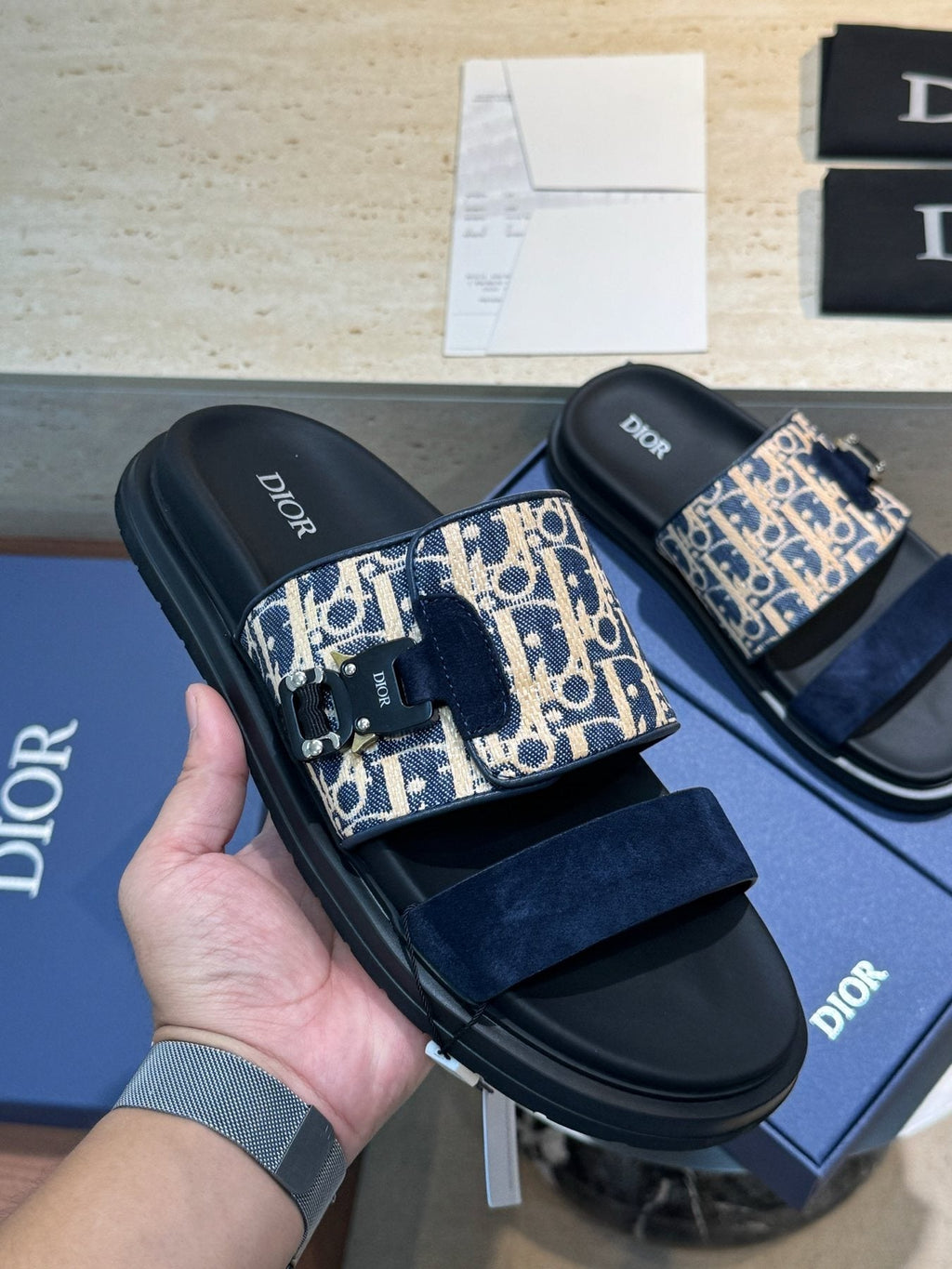 Dior Aqua Monogram Slide Sandals — model