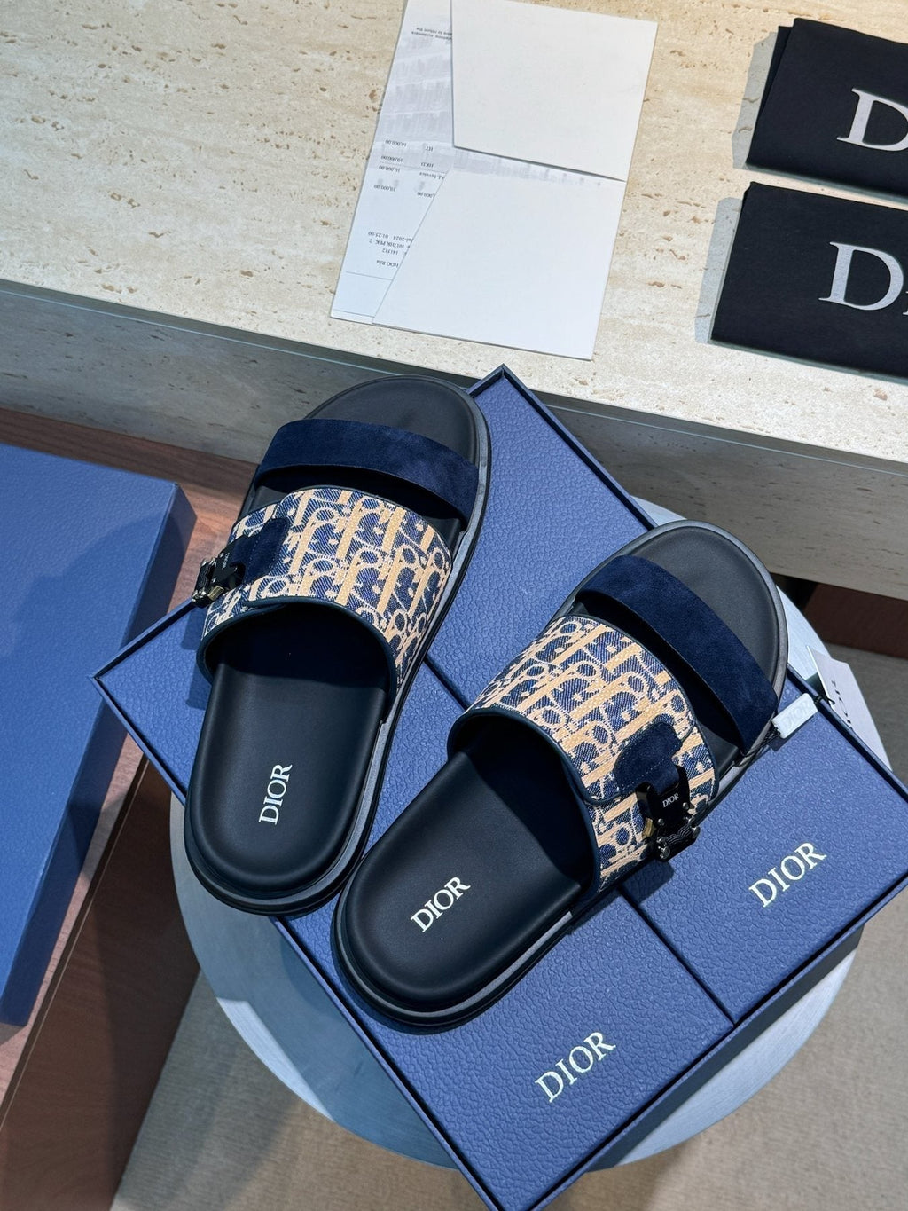 Dior Aqua Monogram Slide Sandals — side