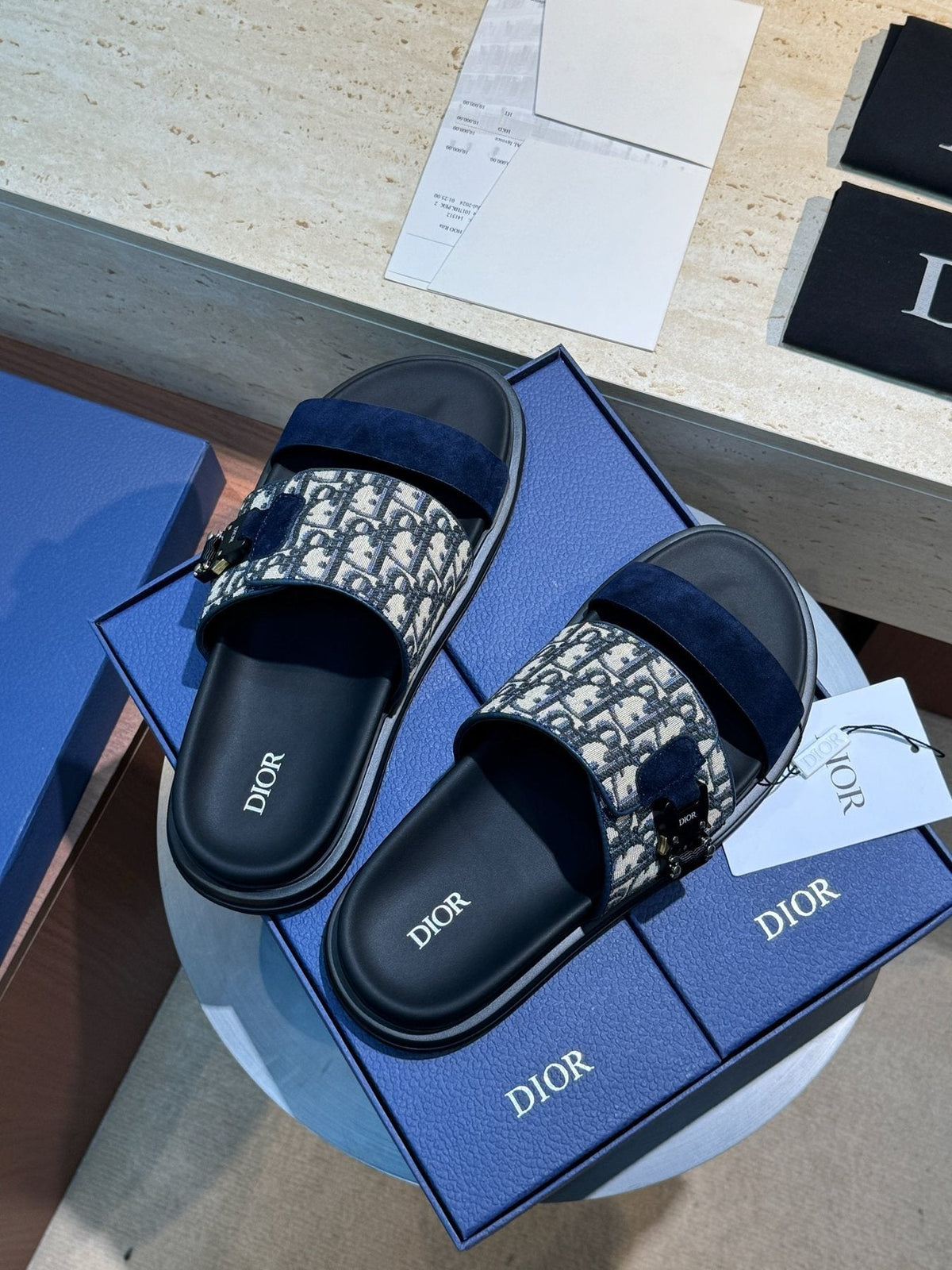 Dior Aqua Monogram Slide Sandals — side