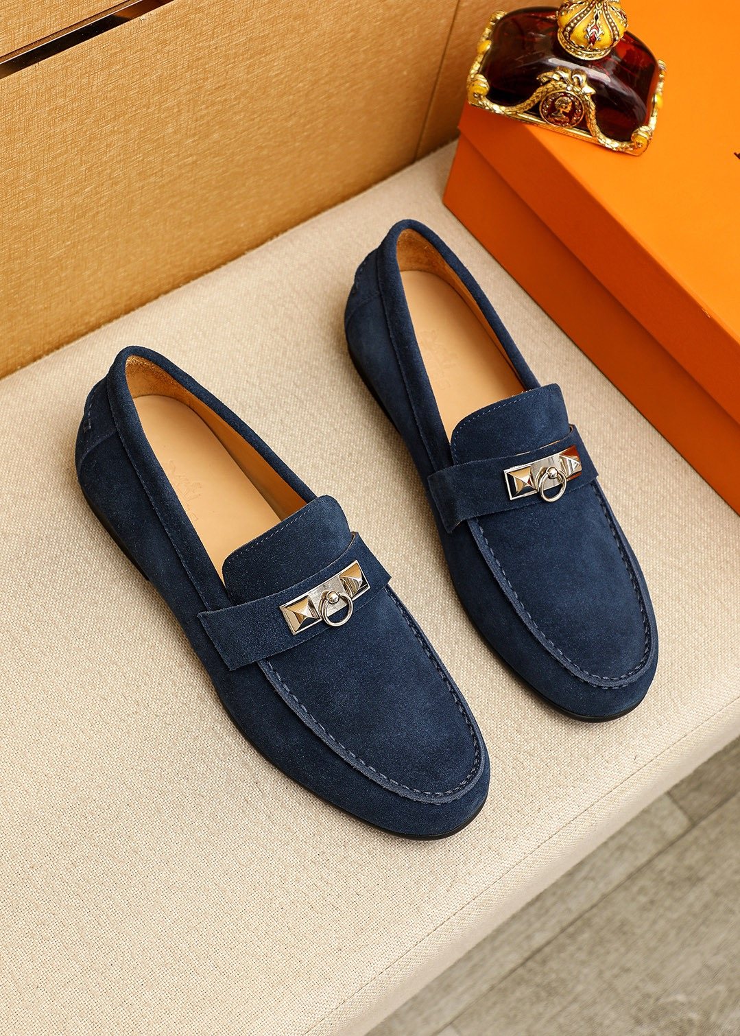 Hermès Suede-Finish Buckle Loafers — front
