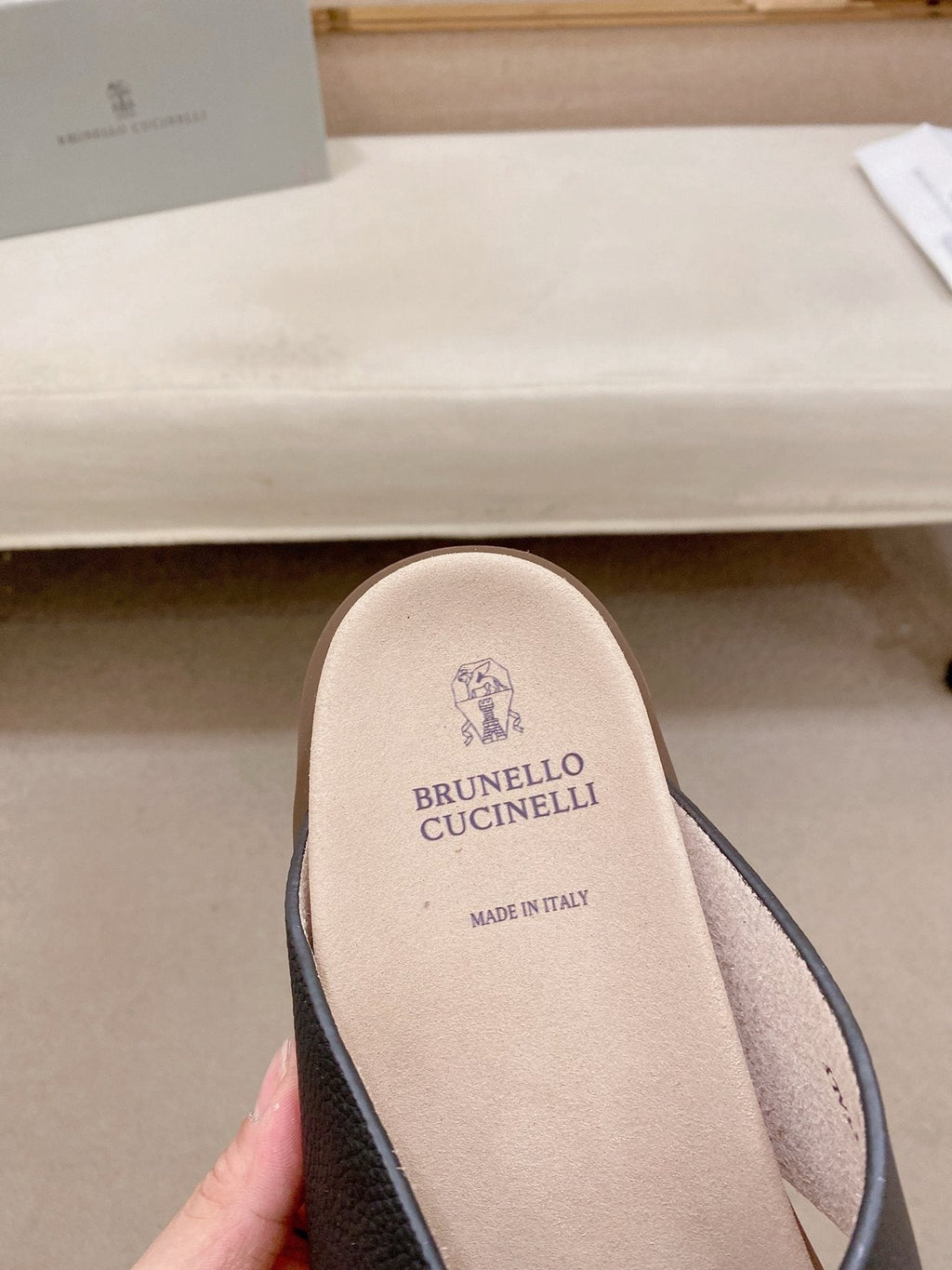 Brunello Cucinelli Cross-Strap Slide Sandals — label