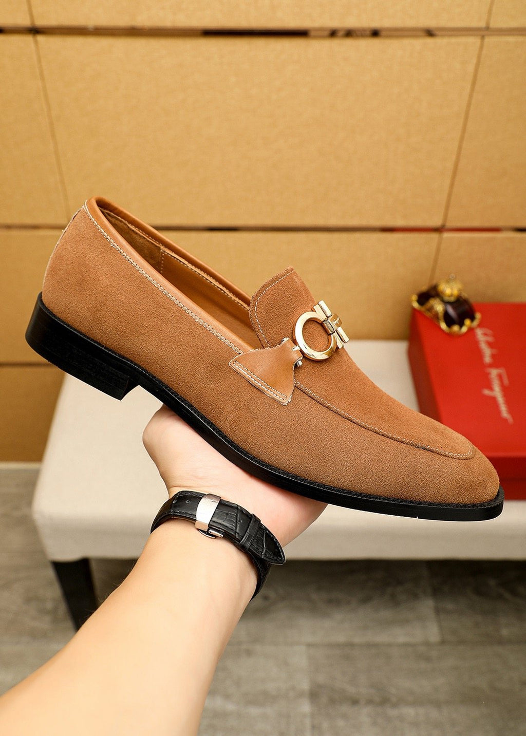 Ferragamo Black Metal Buckle Loafers — model