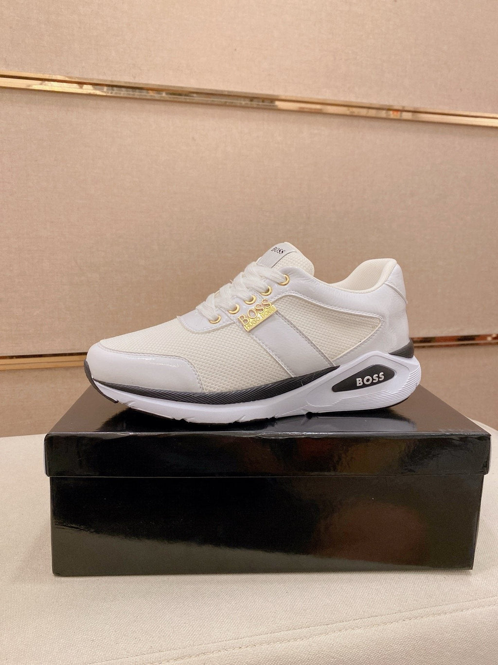 BOSS Cream and White Low-Top Sneakers — hero