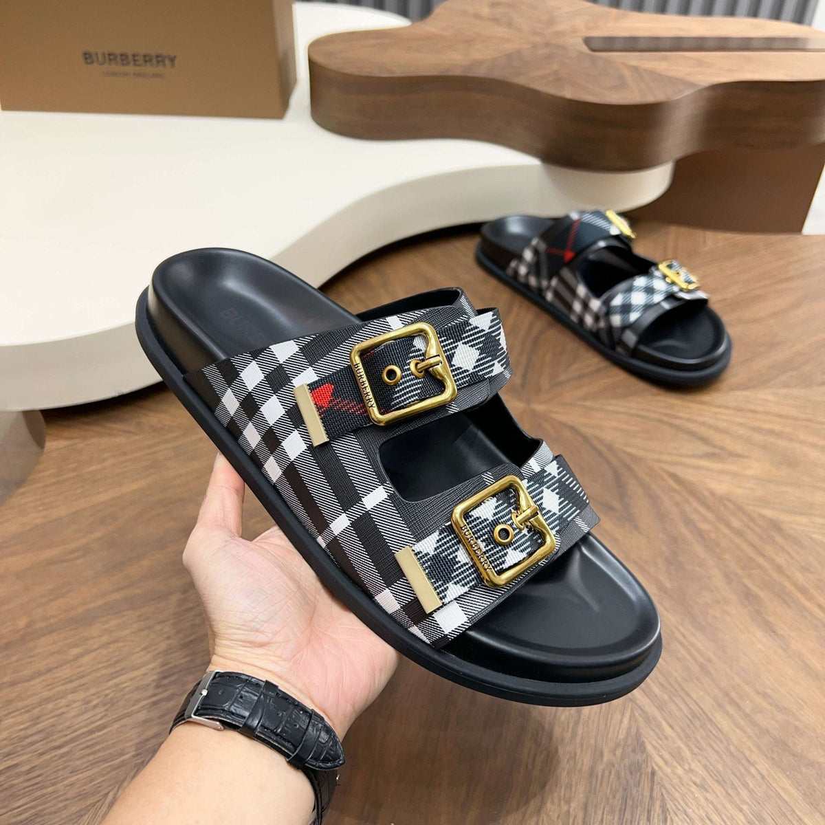 Burberry Plaid Buckle Slide Sandals — model