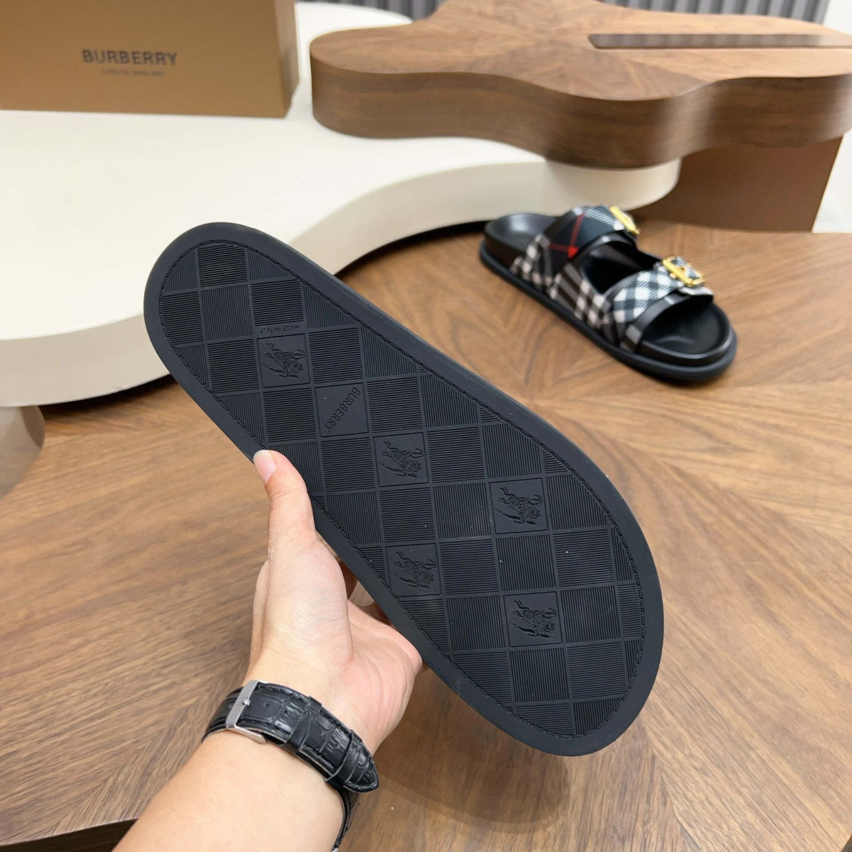Burberry Plaid Buckle Slide Sandals — side