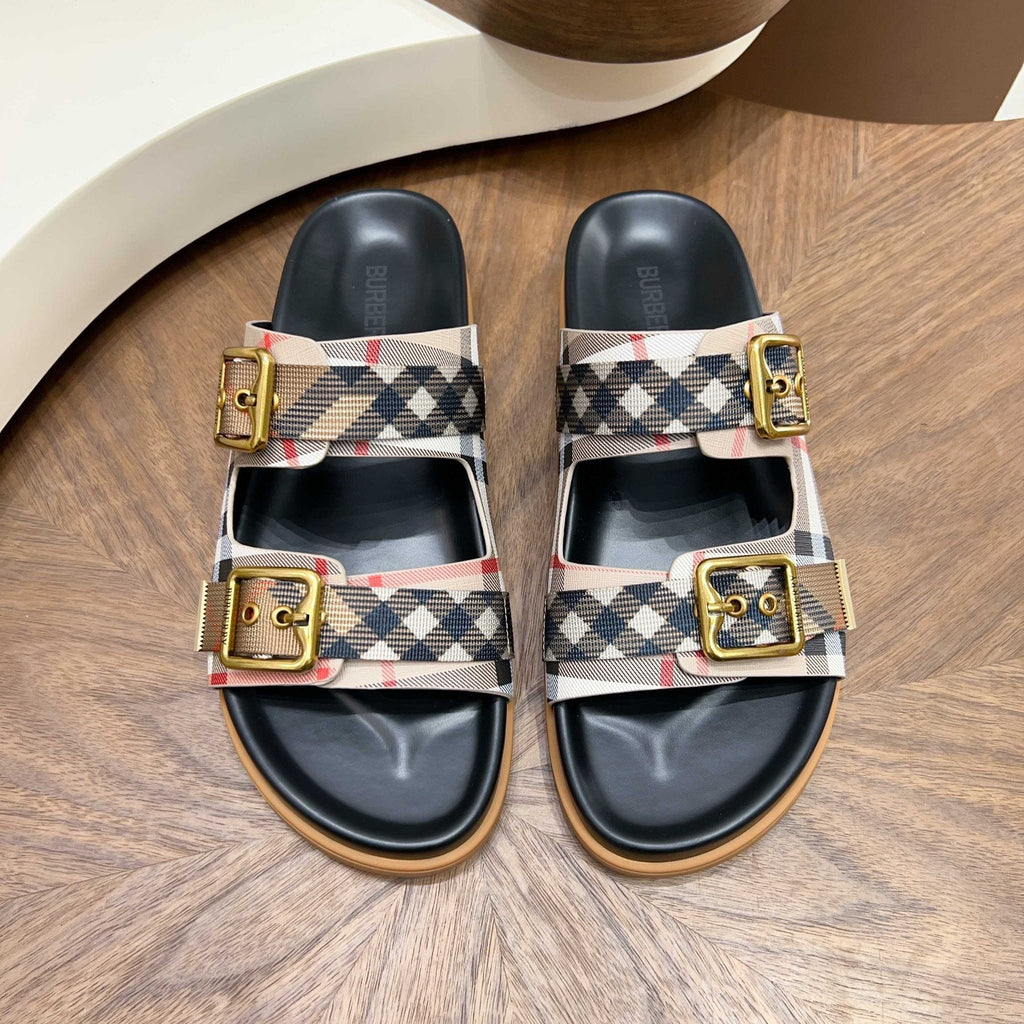 Burberry Plaid Buckle Slide Sandals — model