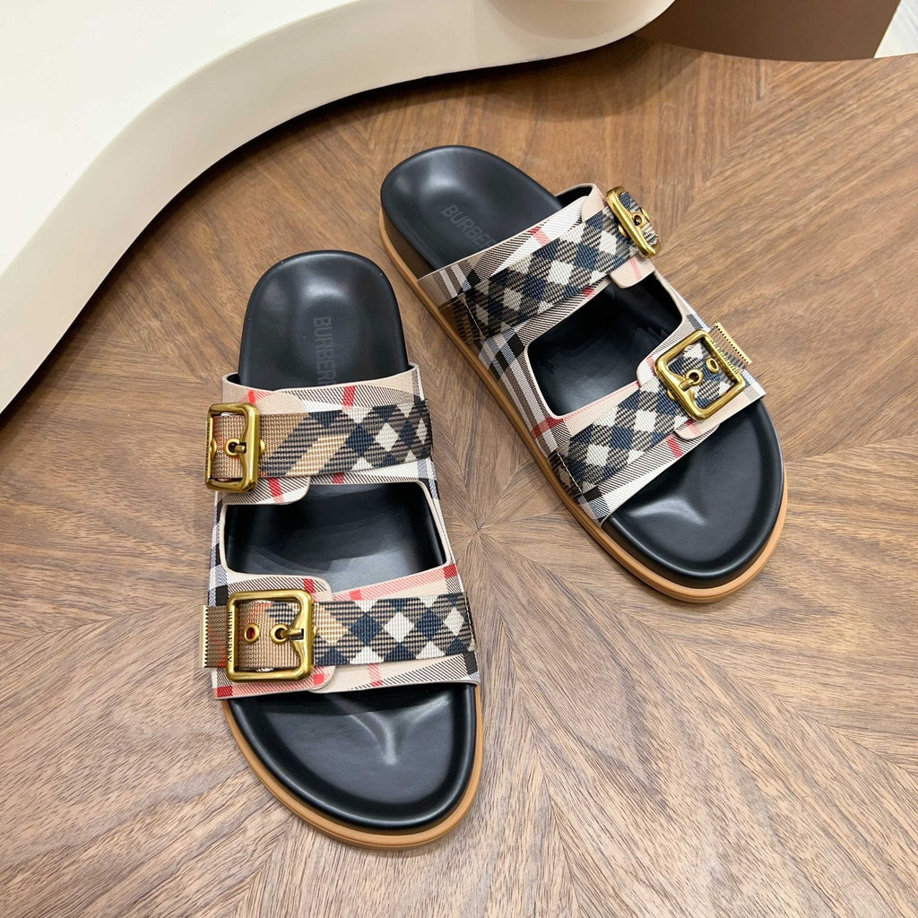 Burberry Plaid Buckle Slide Sandals — front