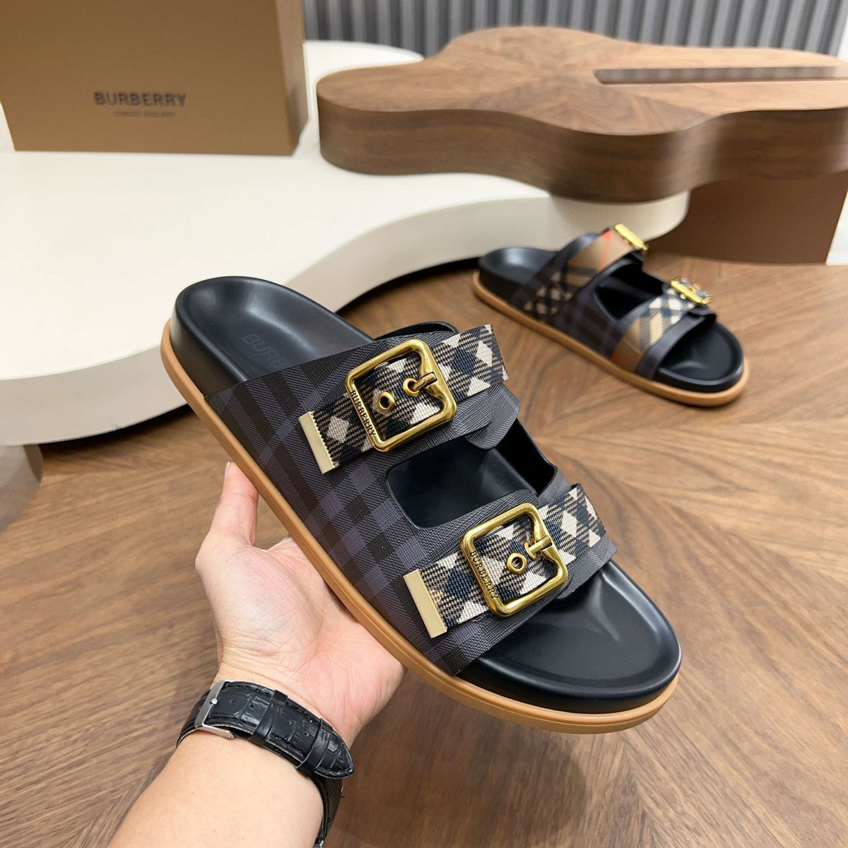 Burberry Plaid Buckle Slide Sandals — model