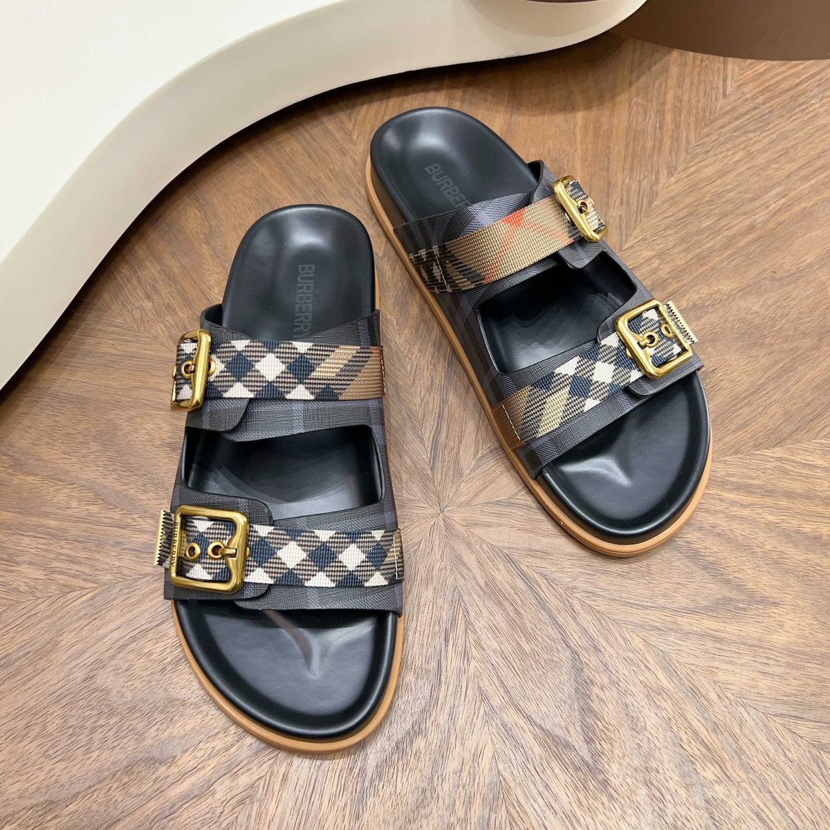 Burberry Plaid Buckle Slide Sandals — front