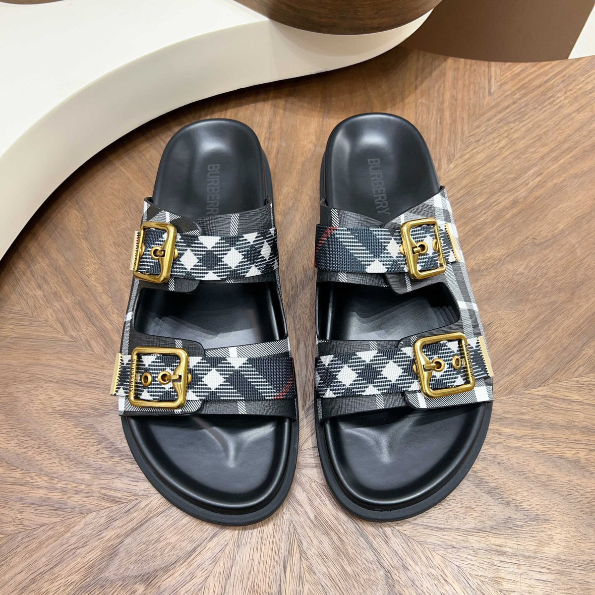Burberry Plaid Buckle Slide Sandals — hero