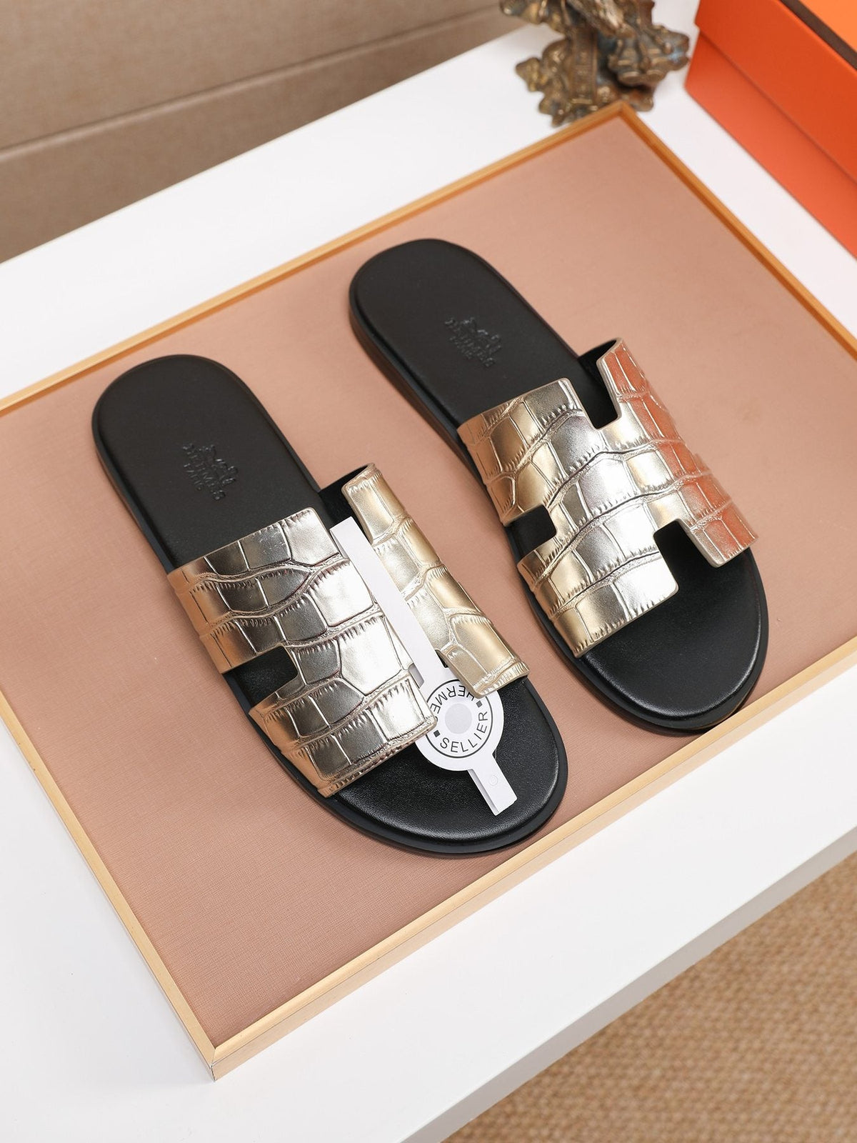 Hermès Croc-Embossed H Slide Sandals — front