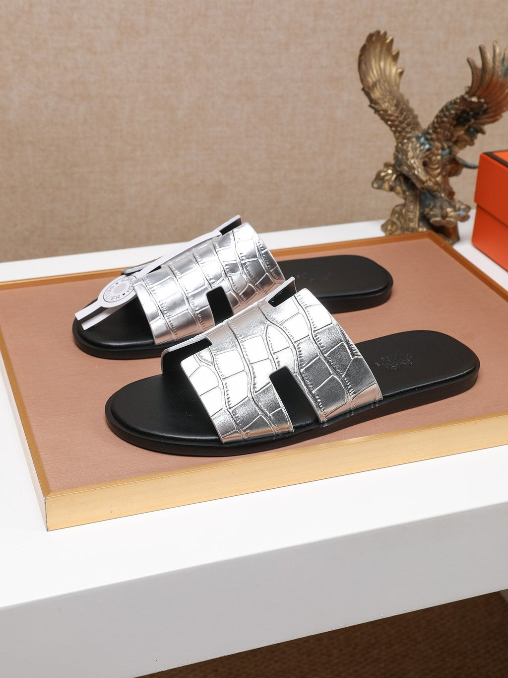 Hermès Croc-Embossed H Slide Sandals — front