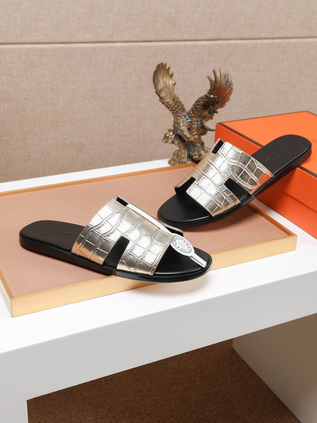 Hermès Croc-Embossed H Slide Sandals — side