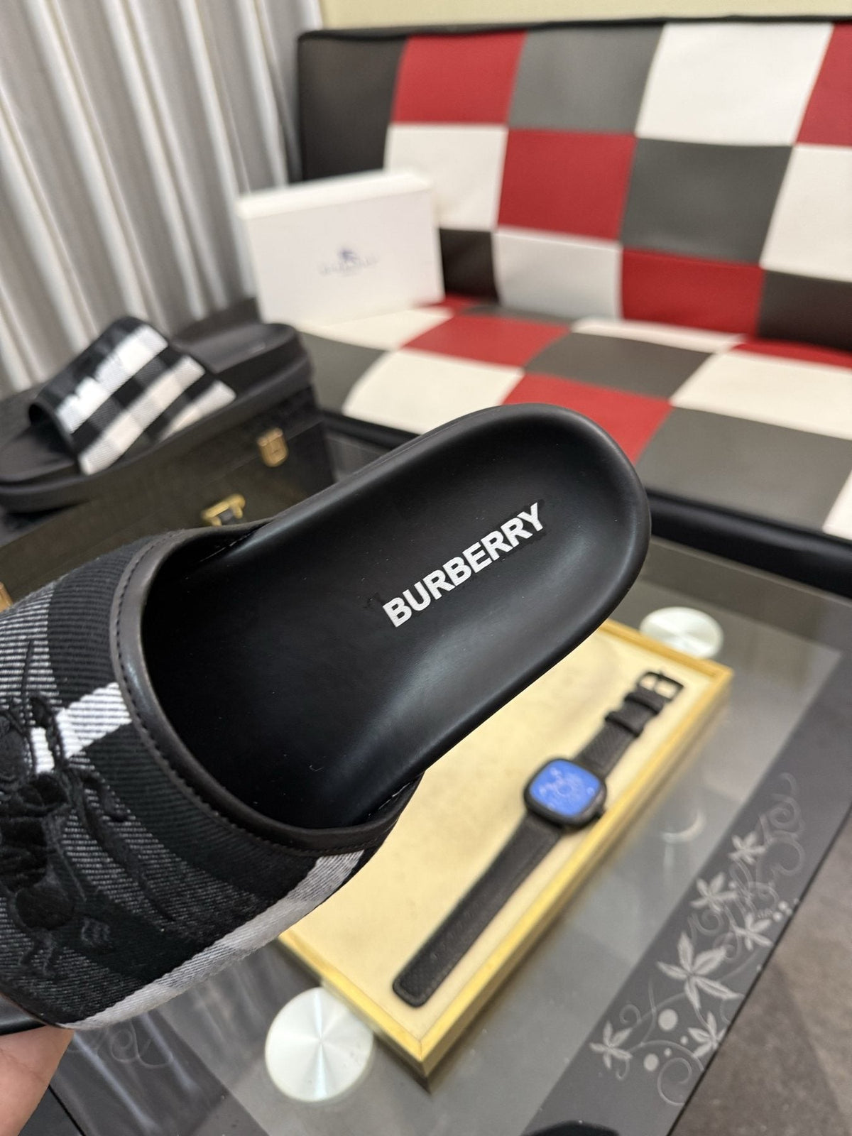 Burberry White Plaid Horse Motif Slide Sandals — back