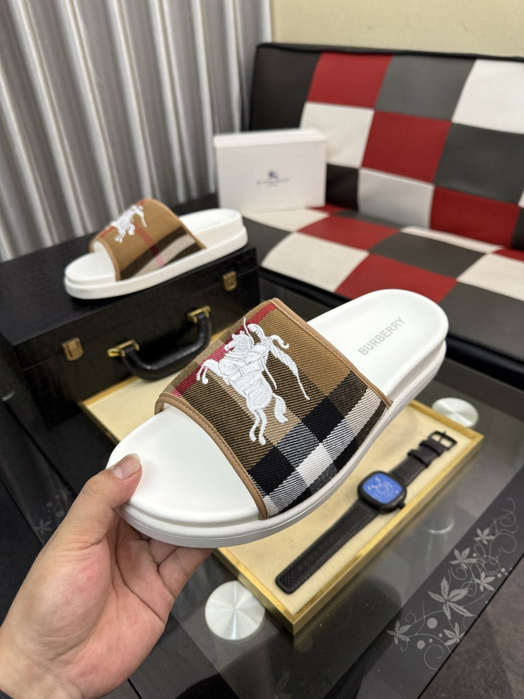 Burberry White Plaid Horse Motif Slide Sandals — side