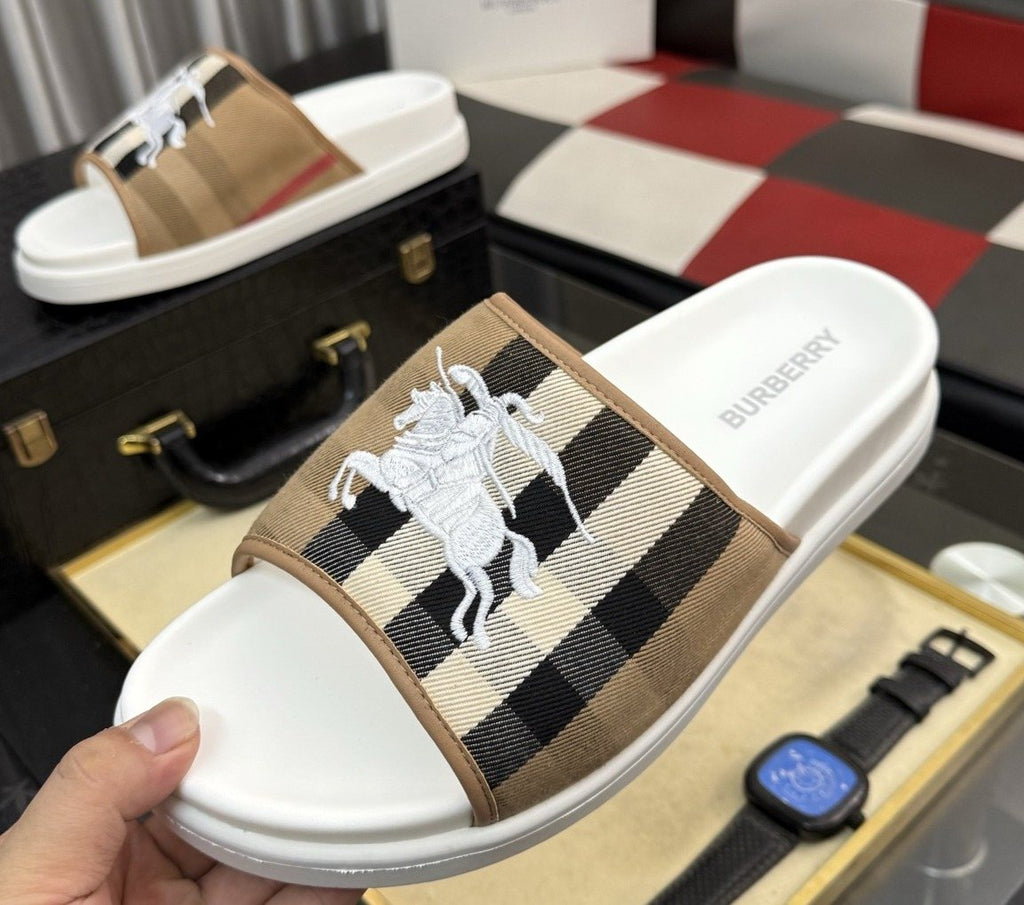 Burberry White Plaid Horse Motif Slide Sandals — hero