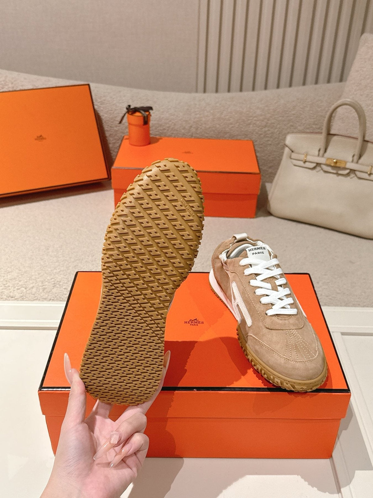 Hermès Taupe Brown H-Detail Sneakers — front